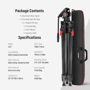 NEEWER Штатив відео професійний 74' з Fluid-головкою, сумісний з DJI RS, для DSLR, вантажопідйомність 8кг (LL27)