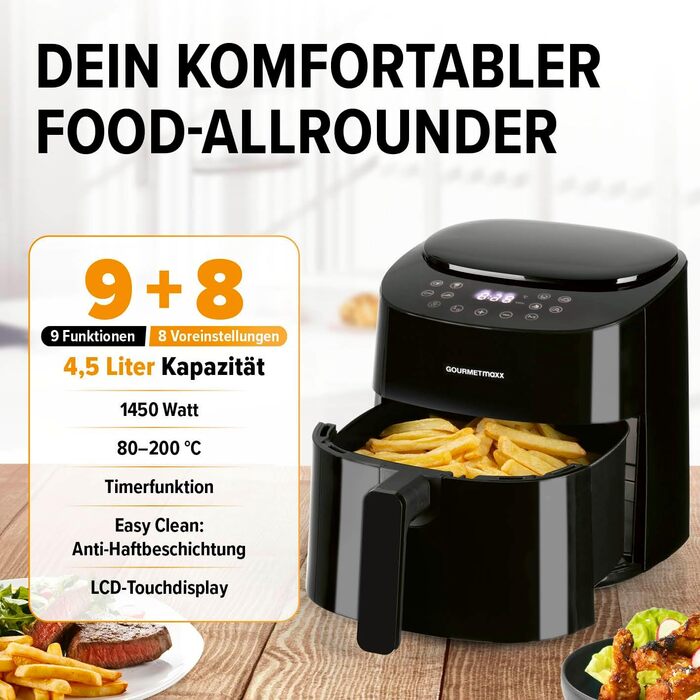 Gourmetmaxx Air Fryer - 4.5L Digital Air Fryer with Timer & Touchscreen - 9 Functions, 8 Programs, Energy-Saving, Black Mini Oven