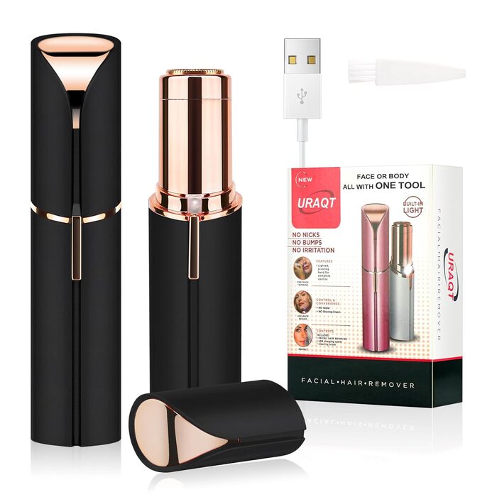 Електричний пристрій для видалення волосся з обличчя URAQT для жінок, USB, безболісний, тример для тіла та обличчя, LED-підсвічування, рожеве золото (чорний)