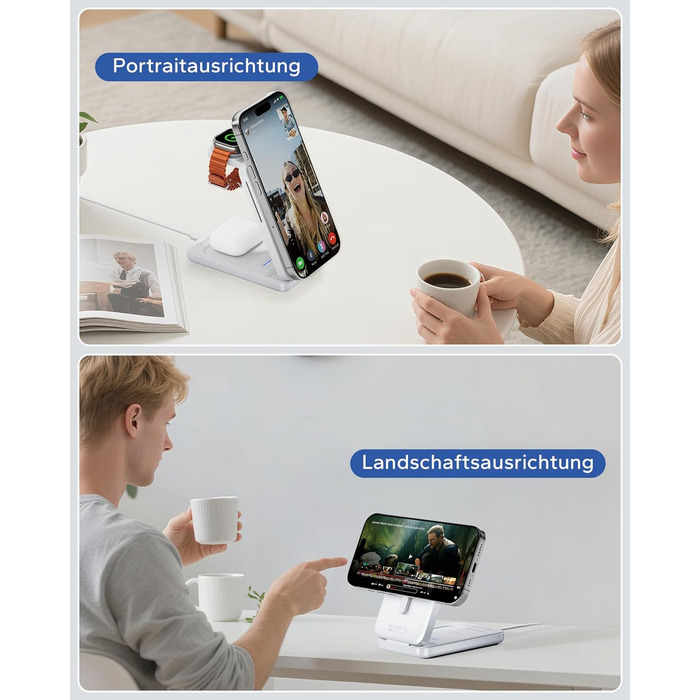 Зарядна станція 3-в-1 KPON для Apple Watch та iPhone з MagSafe, 20W, біла - Швидка зарядка для iPhone 17-12, Apple Watch 11-2, AirPods, портативна для подорожей та офісу