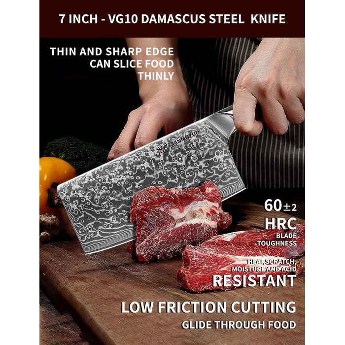 SANMUZUO Nakiri Messer 19 см: професійний ніж шеф-кухаря Дамаск, серія Xuan, VG10 сталь, ручка з гірської смоли (Dream Orange)