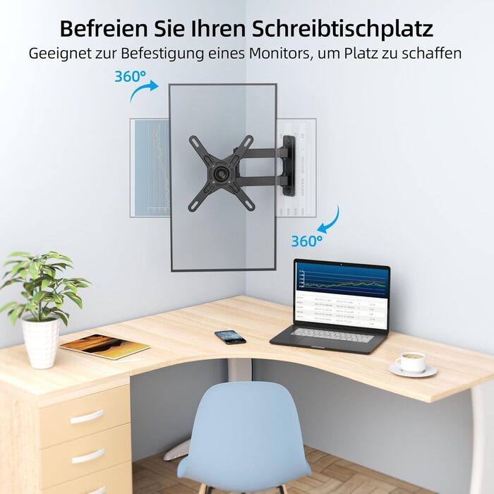 Кріплення для телевізора HOME VISION HV3202 з подовженим підлокотником, 17-42 дюйми, VESA 200x200, до 15 кг, 360° обертання, 180° нахил, висувний на 55,6 см, для плоских та вигнутих екранів