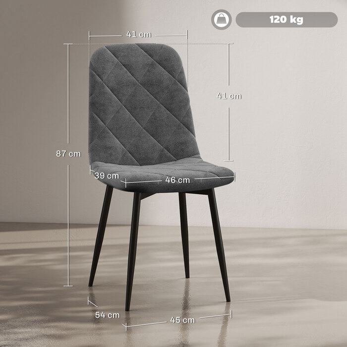 HOMCOM Dining Chairs, 4-Piece Set - Velvet-Look Kitchen Chairs with Backrest, Upholstered Chairs with Metal Legs, for Dining Table, Gray