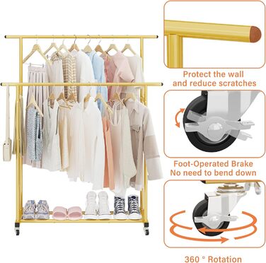 Clothes rack with double bar, rolling clothes rack, portable clothes rack for bedroom, living room, clothing store, gold