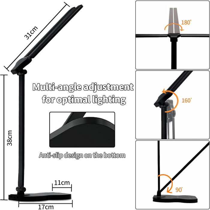 LED лампа настільна LQWELL® QM019, чорна: регулювання яскравості, 5 кольорів, 10 рівнів, USB-зарядка, сенсорне керування, пам'ять, для дітей, офісу