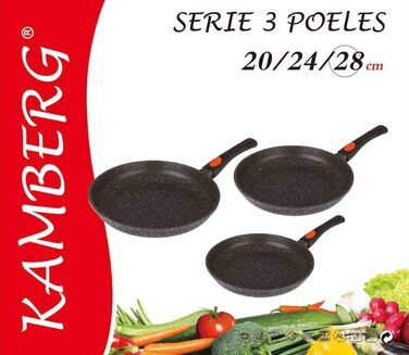 Набір з 3 сковорідок Kamberg 20/24/28 см знімна ручка алюмінієвий литий корпус кам'яне покриття для всіх плит індукція PFOA Free чорний