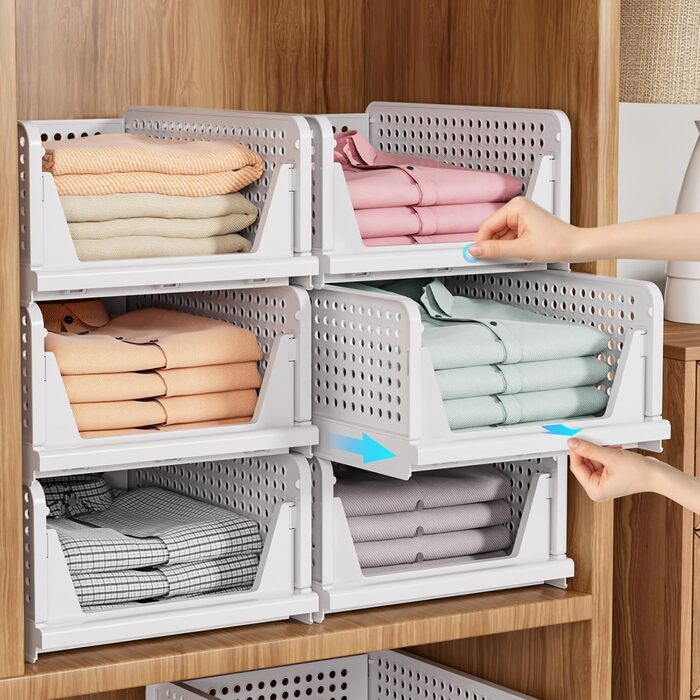 SNSLXH 5 Pack Stackable Closet Shelf Organizer, Multifunctional & Foldable Closet Organizer for Bathroom, Kitchen, Closet Storage, Space-Saving Closet Drawer Storage Box, White