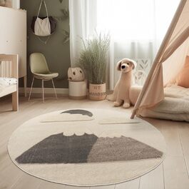 Paco Home Rug Children's Room Rug Play Rug Crawling Rug Short Pile Motif Sun 3D Effect Soft Modern Decor, Size: 160 cm Round, Color: Cream 2 160 cm Round Cream 2