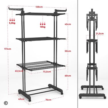 Сушарка для білизни VertiSlim складана, вежа з 4 рівнями, нержавіюча сталь, на колесах, чорна - для дому та вулиці
