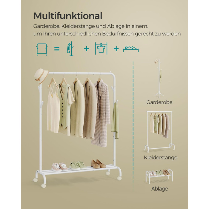 SONGMICS Вішалка для одягу на колесах, металева, біла, до 50 кг, 103,5 см, HSR131W01 Wolkenweiß