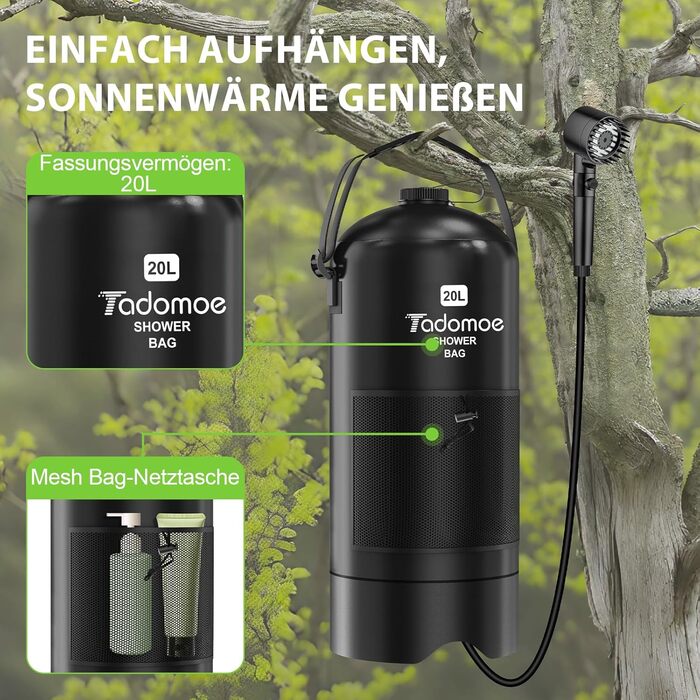 Сонячний душ для кемпінгу на 20 літрів з насосом, сумка та душ для відпочинку, подорожей та кемпінгу (чорний)