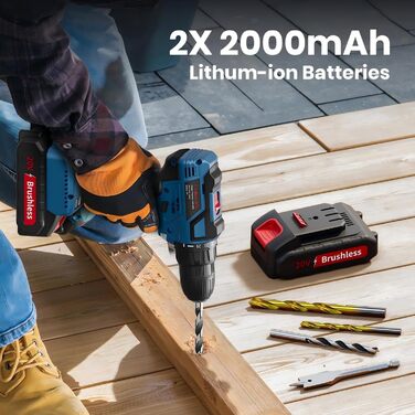 Акумуляторний дриль-шуруповерт 20V Brushless з набором інструментів (2 акумулятори 2.0Ah), 60Nm, 25+1 ступенів, LED-ліхтар, 10 мм патрон, 2 швидкості, для ремонту та DIY, синій