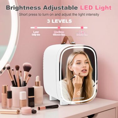 Mini-холодильник Enventor на 6 банок: косметичний холодильник з регульованим LED-дзеркалом, AC+12V DC, охолоджувач та нагрівач для спальні, дому, авто/догляду за шкірою та харчовими продуктами (білий, 4L)