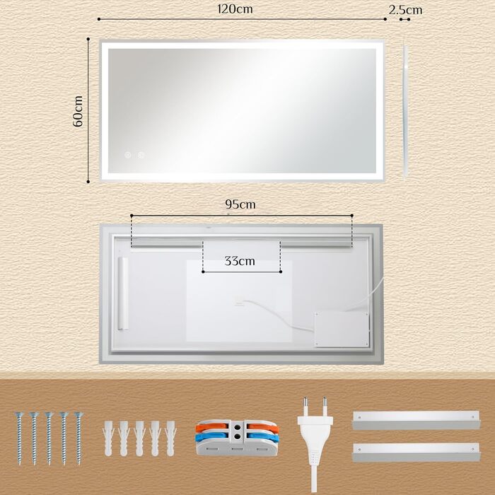 Дзеркало для ванної кімнати Clevich з підсвічуванням 70x50 см, LED, 3 кольори світла, регулювання яскравості, захист від вибуху, сенсорне керування, пам'ять, антизапар, для ванної кімнати