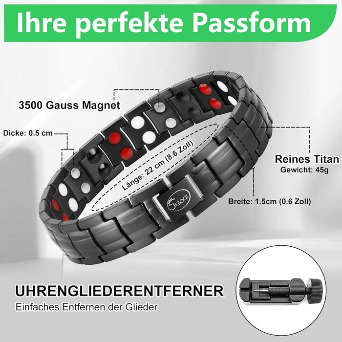 Браслет на магніті JEROOT для чоловіків, чорний титановий браслет з 4 елементами, подвійний ряд, браслет для здоров'я та енергії з високоякісною застібкою-складкою та знімачем ланок годинника (3500 гаус)