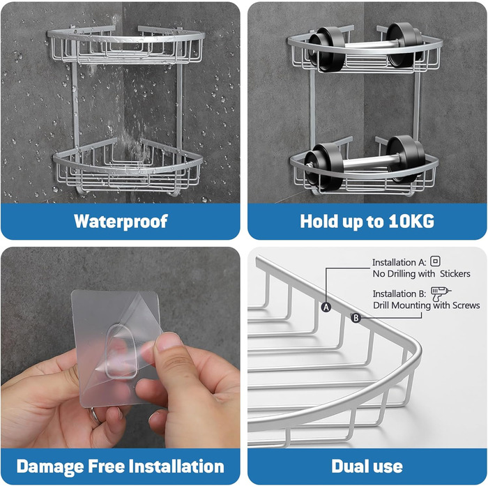 Поличка для душу Gricol Eck-Duschregal без свердління, металева, кутова, з 2 гачками, для ванної кімнати, срібна