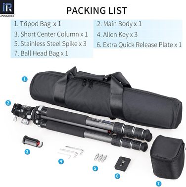 Професійний вуглецевий штатив INNOREL GT324C з кулястою головкою для DSLR камер, компактний вуглепластиковий трипід, максимальне навантаження 25 кг
