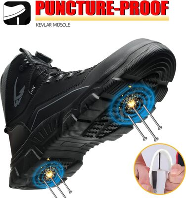 Черевики безпеки чоловічі та жіночі. Водонепроникні робочі черевики. Легкі, неслизькі, з поворотним затвором, зі сталевим підноском (38 EU, C26, чорний)