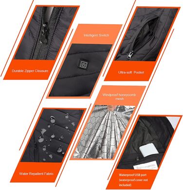 Обогрівальний жилет для чоловіків Monave: тепла куртка з 3 режимами для мотоцикла, кемпінгу, катання на лижах та повсякденного носіння. Чорний (Powerbank не входить до комплекту), XL