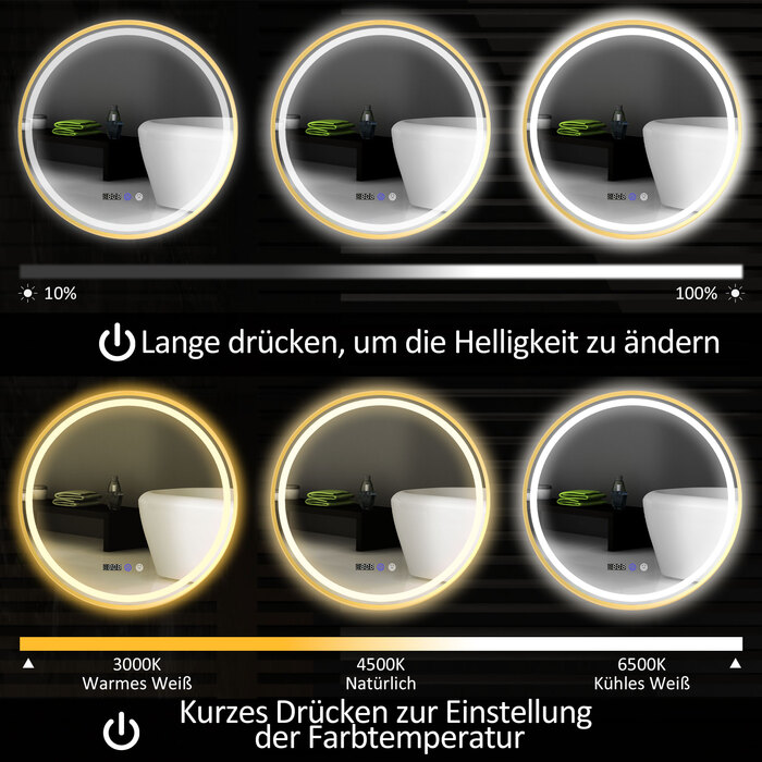 HOMCOM Round Bathroom Mirror with LED Lights, Anti-Fog Function, Touch Controls, and Display