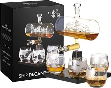 Oak & Steel - Whisky Decanter, Ship Carafe (1000ml) with Stainless Steel Spout & 4 Whisky Glasses - Valentine's Day, Birthday & Father's Day Gift Set for Men