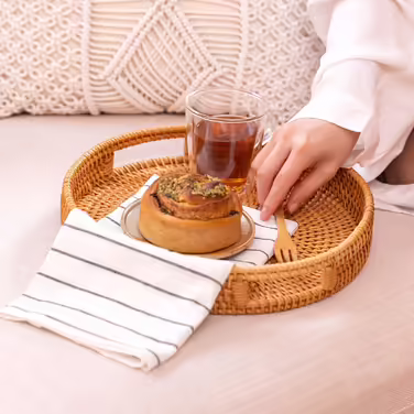 Rattan Round Serving Tray, Woven Serving Tray with Cutout Handles, Fruit/Bread Serving Basket, 30 cm