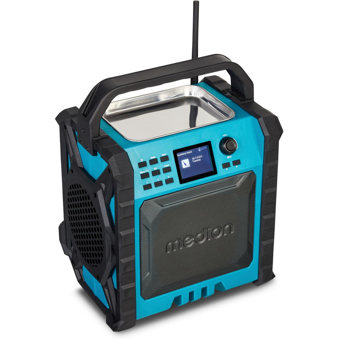 MEDION E66877 Радіо для будівельних майданчиків DAB+ Bluetooth з LED-ліхтарем (IP44, акумулятор/мережа, вертикальне) блакитне