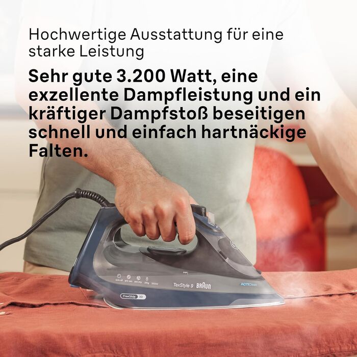 Braun TexStyle 9 SI9682 DB Steam Iron with FreeGlide 3D Technology, Vertical Steam, Anti-Drip Function, Self-Cleaning Function, 330 ml Water Tank, 260 g/min Steam Output, 3200W, Dark Blue