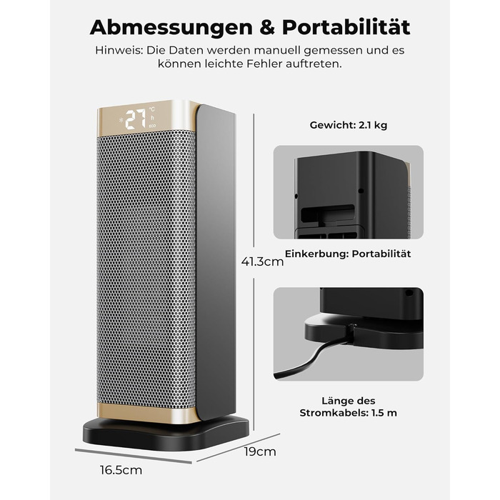 Електричний обігрівач 2000W з економним споживанням, тихий, 3 режими, PTC кераміка, швидкий нагрів, ECO режим, пульт ДУ, таймер 12H, поворот 70°, для офісу, спальні, ванної кімнати, золотий