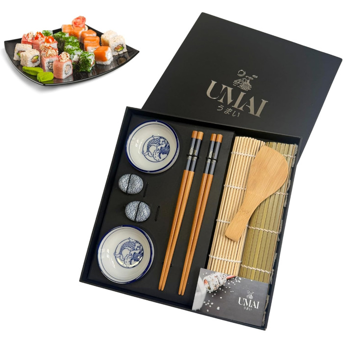 Набір для приготування суші UMAI: 2 килимки, палетка, 2 комплекти паличок, 2 соєві чаші, 2 підставки для паличок, QR-код з рецептами