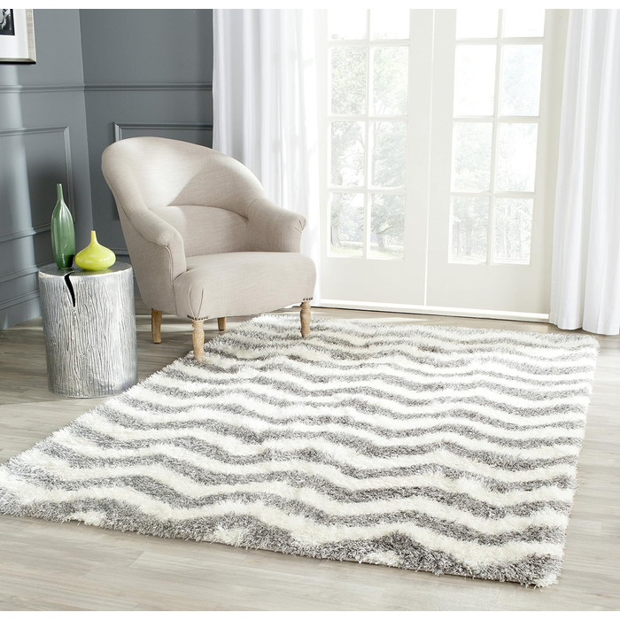 SAFAVIEH Килим Zottelig для вітальні, їдальні, спальні - колекція Montreal Shag, високий ворс, слонова кістка та сірий, 122 x 183 см, прямокутний, слонова кістка / сірий