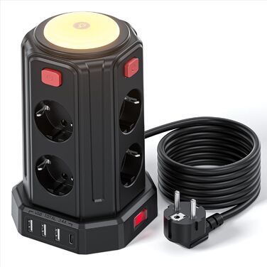 Многофункціональна мережева стрічка на 8 розеток з 4 USB та світлом, захист від перенапруги, 16A, білий (3M, чорний)