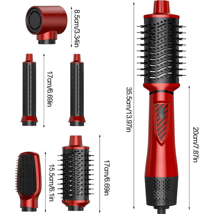 Фен-щітка 5 в 1 для волосся: стайлер, плойка, об'єм, для жінок, з Європокою (червоно-чорний)