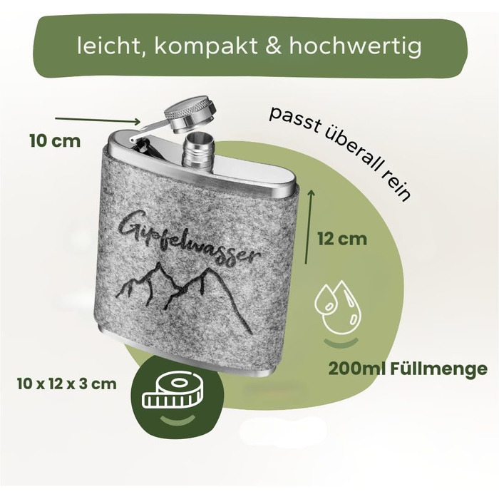 Фляга Gipfelgaudi з фетровим чохлом та лазерним гравіюванням – 200 мл, нержавіюча сталь | Стильна фляга для подорожей та особливих моментів