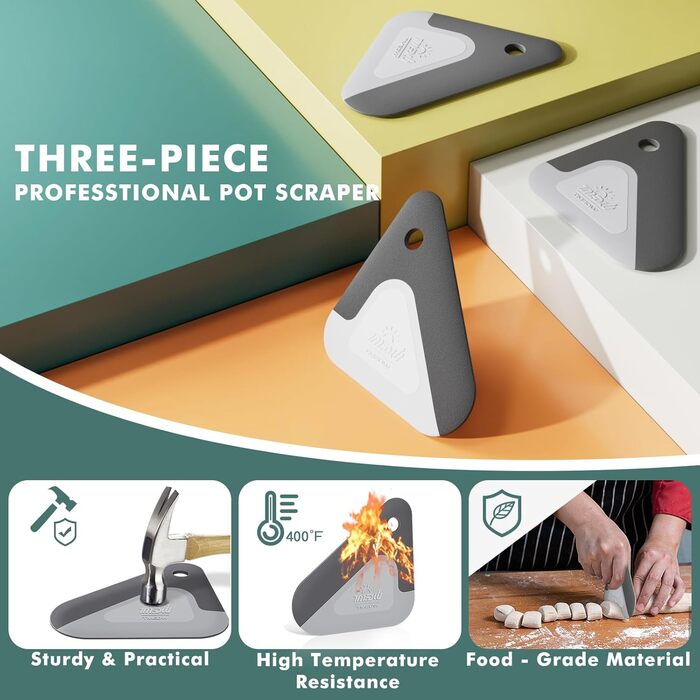 Scraper, 2-in-1 Pot and Pan Dish Scraper, Nylon and Silicone, Kitchen Scraper Tools for Cast Iron Pans, Cookware, Dishes, Pans and Pots, Heat Resistant, 3-Piece Set