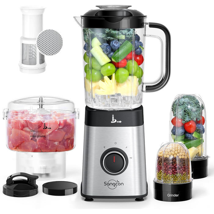 Sangcon 5-in-1 Stand Mixer & Smoothie Maker - 500W Power, 3 Speed Settings, Pulse Function, Glass & Stainless Steel Cups
