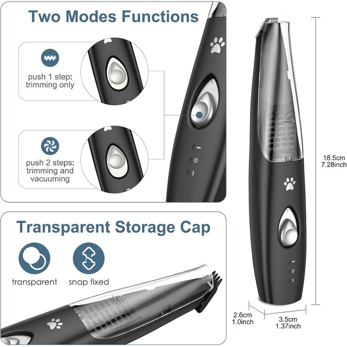 Триммер для собак 2-в-1 з пилососом, 6000 об/хв, USB, для догляду за лапами та очима, для дому та ветеринара