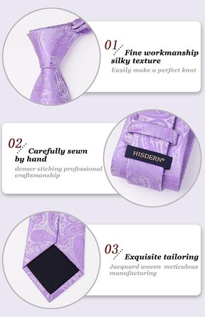 Краватка для чоловіків HISDERN 160 см, довга, з нагрудним хустиною, для весілля та бізнесу, шовкова, елегантна (фіолетовий паваротті)