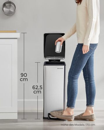 Степле́р SONGMICS для кухні, 48 літрів, вузький, з м'яким закриттям, з відром, з нержавіючої сталі, 15 мішків у комплекті, сріблястий