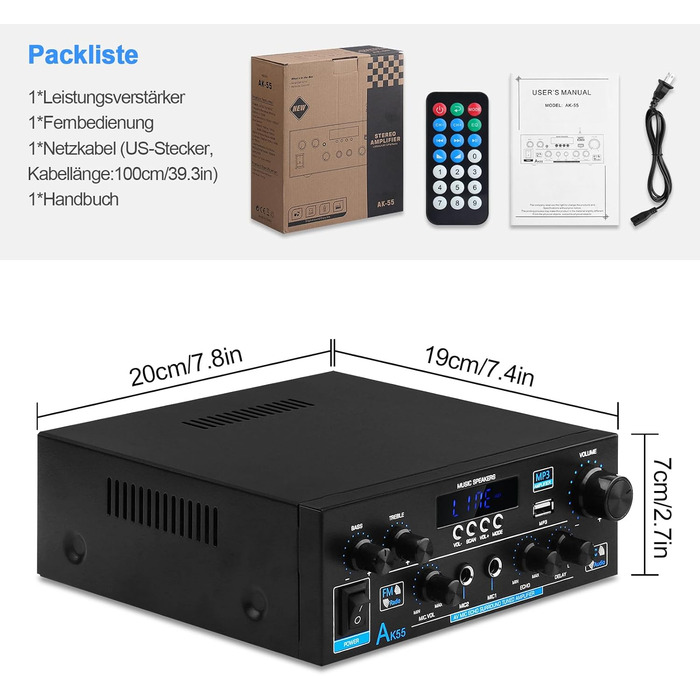 HiFi підсилювач AK55 Bluetooth, стерео аудіо підсилювач 2-канальний, 2x70Вт (макс. 600Вт), цифровий саунд підсилювач 12В/220В для дому та авто