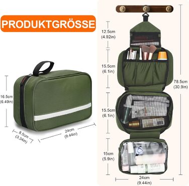 Чоловіча та жіноча косметичка для подорожей з відділеннями, водонепроникна, з гачком, зелена