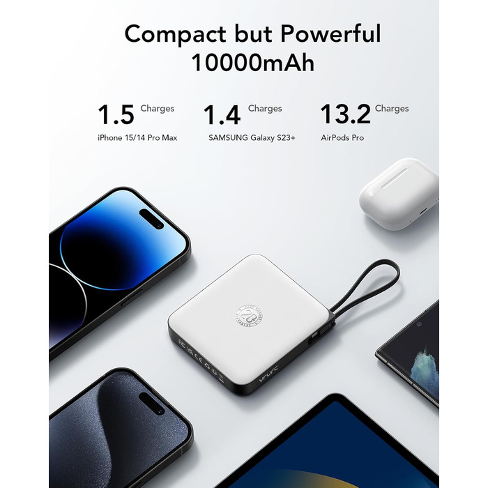 Power Bank VRURC 10000mAh з кабелем: компактний акумулятор USB-C, 22.5W, LED-дисплей, сумісний з iPhone та Huawei (зелений)
