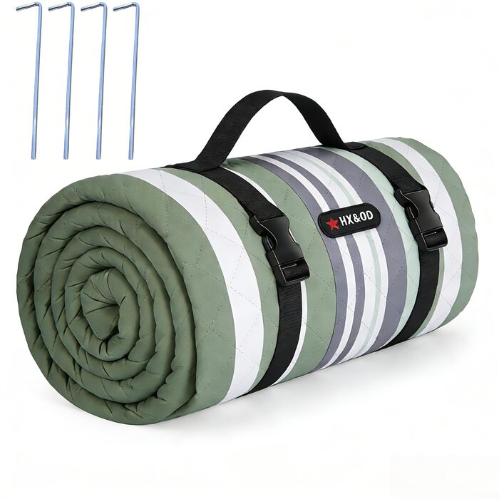 Плед для пікніка водонепроникний HX&OD, 203x203 см, складаний, з ручкою, сіро-зелений