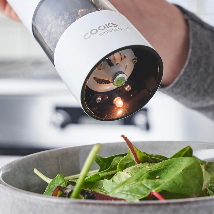 Набір електричних мельниць для солі та перцю Cooks Professional з регулюванням помелу, нержавіюча сталь, білий колір