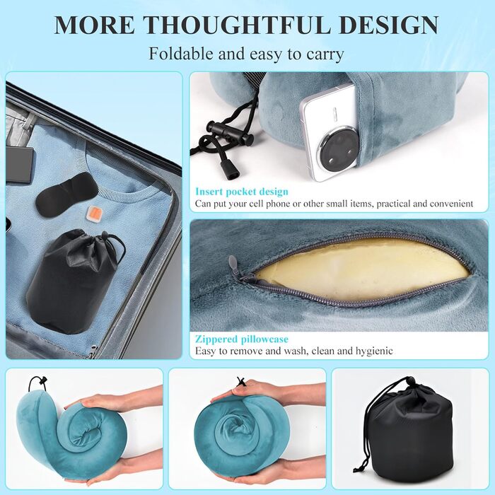 Подушка для шиї у вигляді їжачка Memory Foam для подорожей, дорослі, з навушниками, маскою для очей та сумкою, м'яка, дихаюча, для авто, літака, кемпінгу, офісу, блакитна