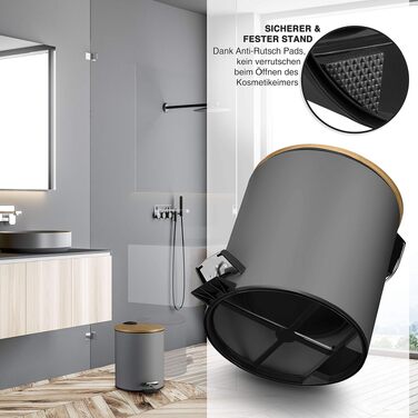 Смітник для косметики VMbathrooms на 3-5 л з педаллю, бамбуковою кришкою та системою Soft-Close, сірий матовий