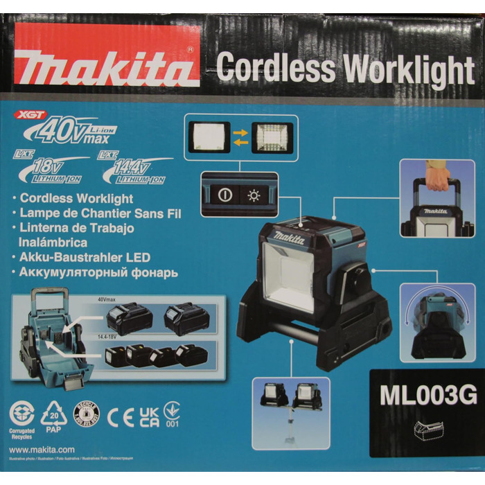 Світлодіодний акумуляторний прожектор Makita ML003G 18-40V, 1100 лм, 2 режими яскравості, IP65, поворот 240°, без акумулятора та зарядного