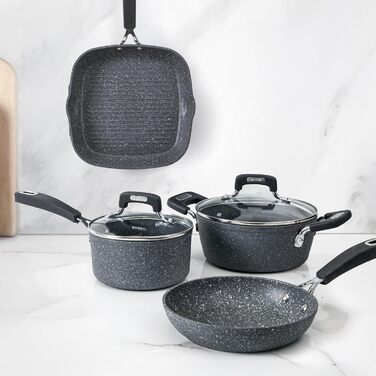 Набір каструль та сковорідок KASANOVA New Petra Dark для індукції та духовки, антипригарне покриття, захист ручок, нержавіюча ложка (6 шт)