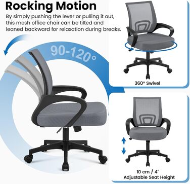 Офісний крісло Yaheetech ергономічне з сітчастою спинкою та підлокітниками, поворотне, для начальника, з регулюванням висоти, до 136 кг, темно-сірий