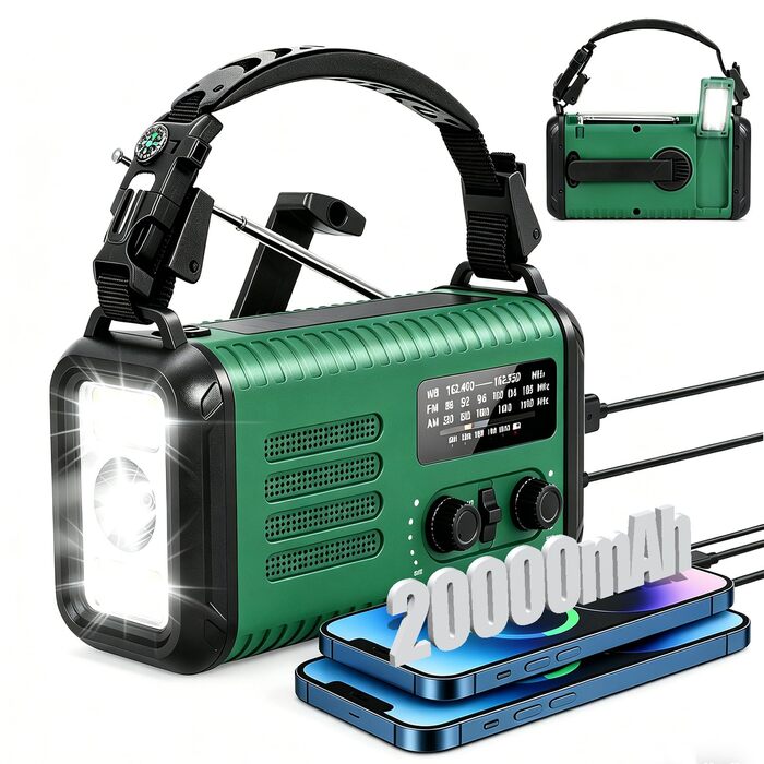 Радіо на сонячній батареї з ручним заводом 20000mAh, AM/FM, радіо для екстрених ситуацій, зарядний пристрій для телефону, SOS-сигнал, ліхтарик та лампа для кемпінгу та надзвичайних ситуацій, зелений